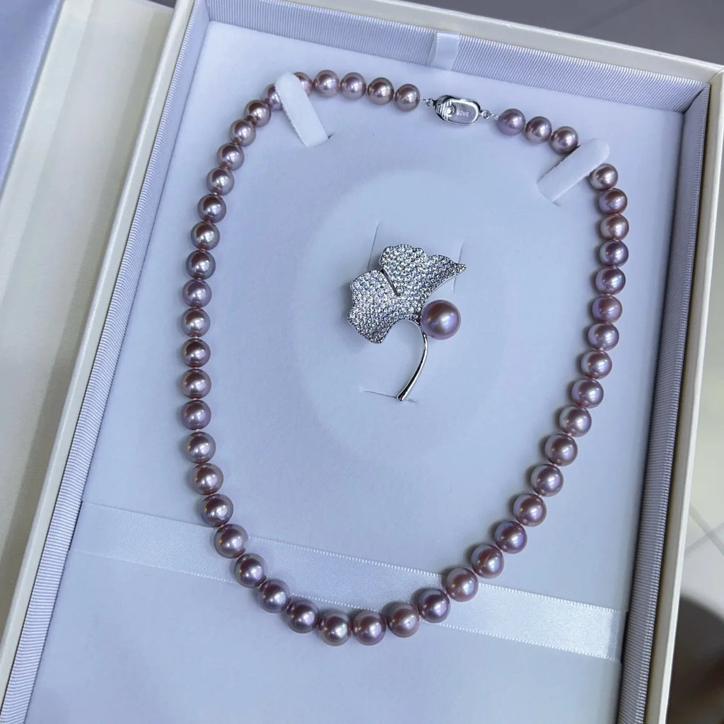 Gorgeous Necklace AAAA8-9mm Natural South Sea Purple Pearl Necklace 18in+Brooch