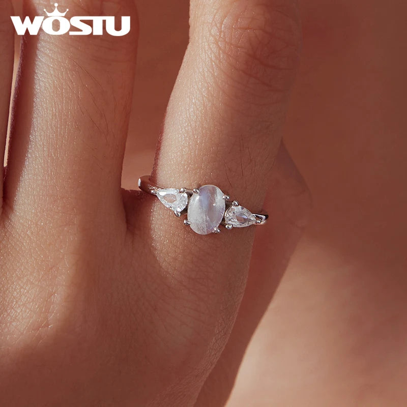 WOSTU 925 Sterling Silver Natural Oval Moonstone Ring For Women, Rainbow Three Stone Rings Engagement Anniversary Jewelry Gift
