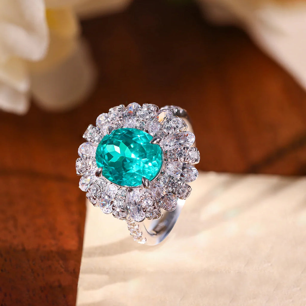 LinkerLove 5CT Oval Cut Paraiba Engagement Ring for Women 925 Sterling Silver White Gold Plated Halo Wedding Band Fine Jewelry