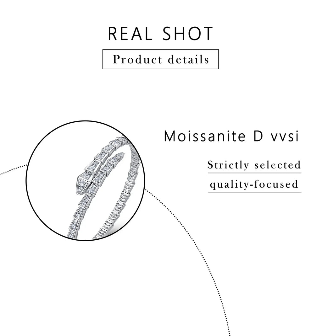 3.4CTW Moissanite Snake Stretch Bangle S925 Sterling Silver Flexible Serpent Bracelet For Women Wedding Party