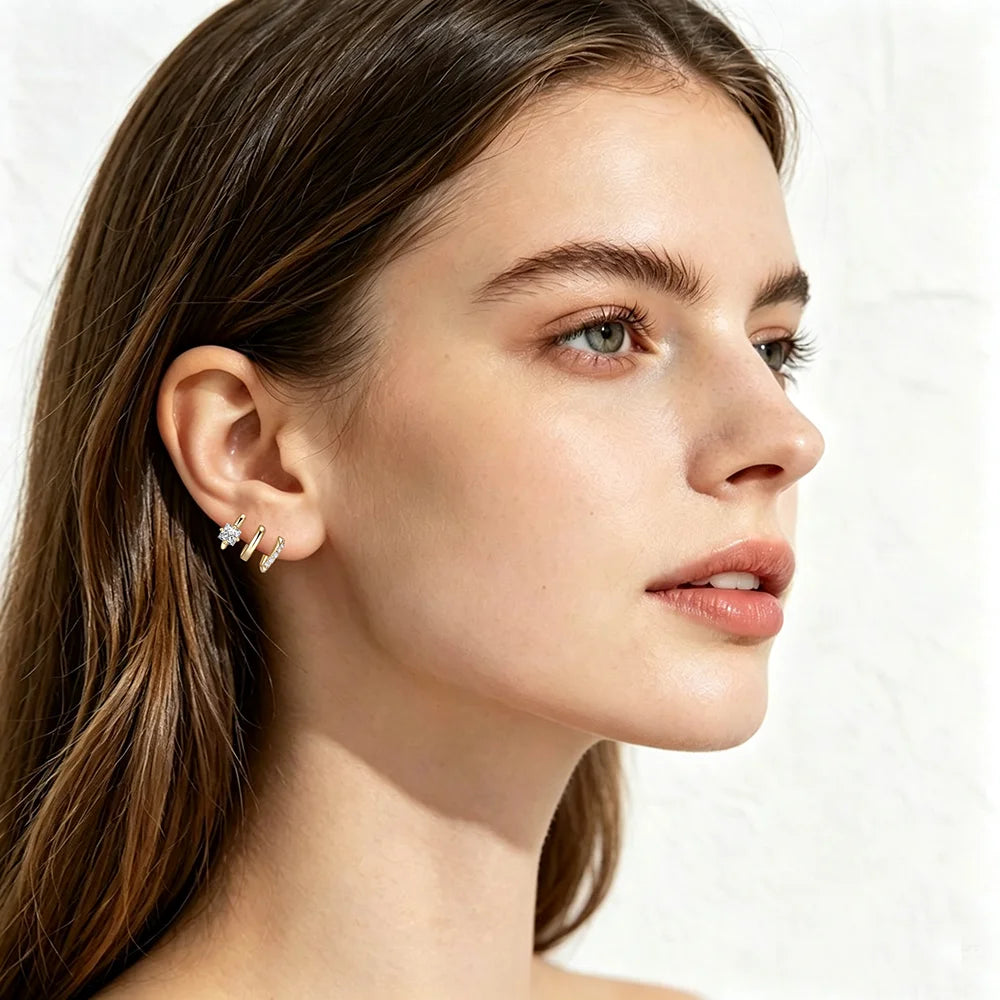 VOBIPY Triple Huggie Illusion Hoop Earrings 18K Gold Plated Stainless One Hole Claw Ear Cuff Earring For Women Jewelry Gift