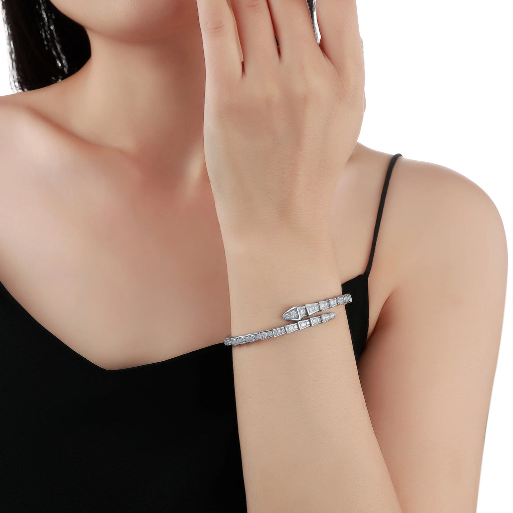3.4CTW Moissanite Snake Stretch Bangle S925 Sterling Silver Flexible Serpent Bracelet For Women Wedding Party