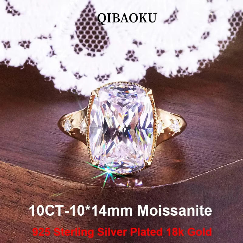 QIBAOKU 10CT Elongated Cushion Moissanite Ring S925 Sterling Silver for Women Big Diamond Vintage Wedding Band Jewelry GRA 2026