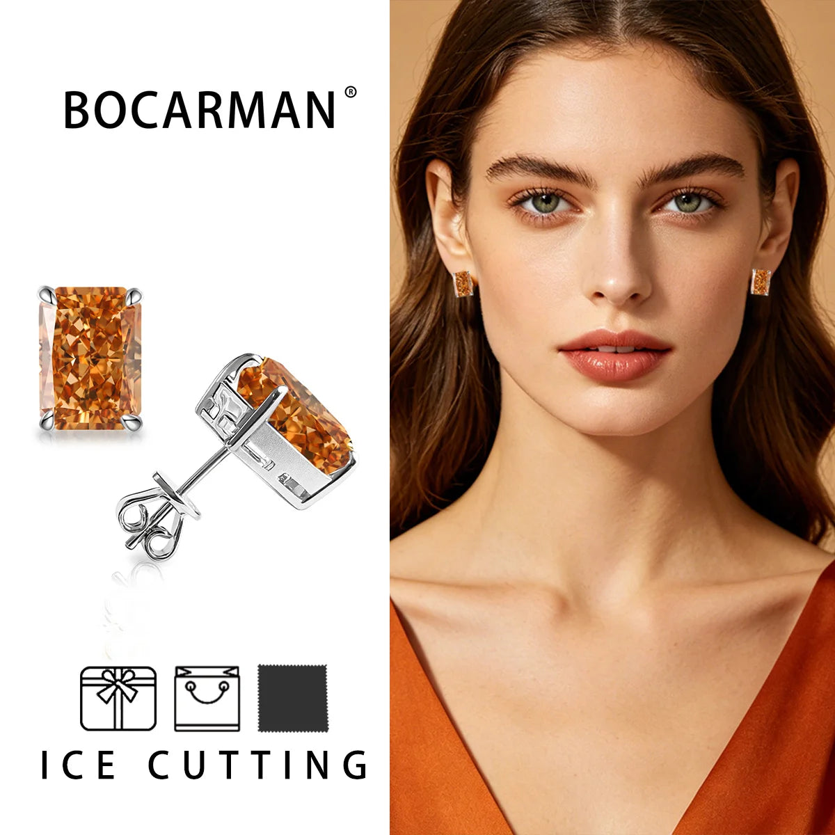 Bocarman Rectangular Ice Cut Mint Green Zircon Stud Earrings S925 Sterling Silver Rhodium Plated Fine Jewelry 8x10mm
