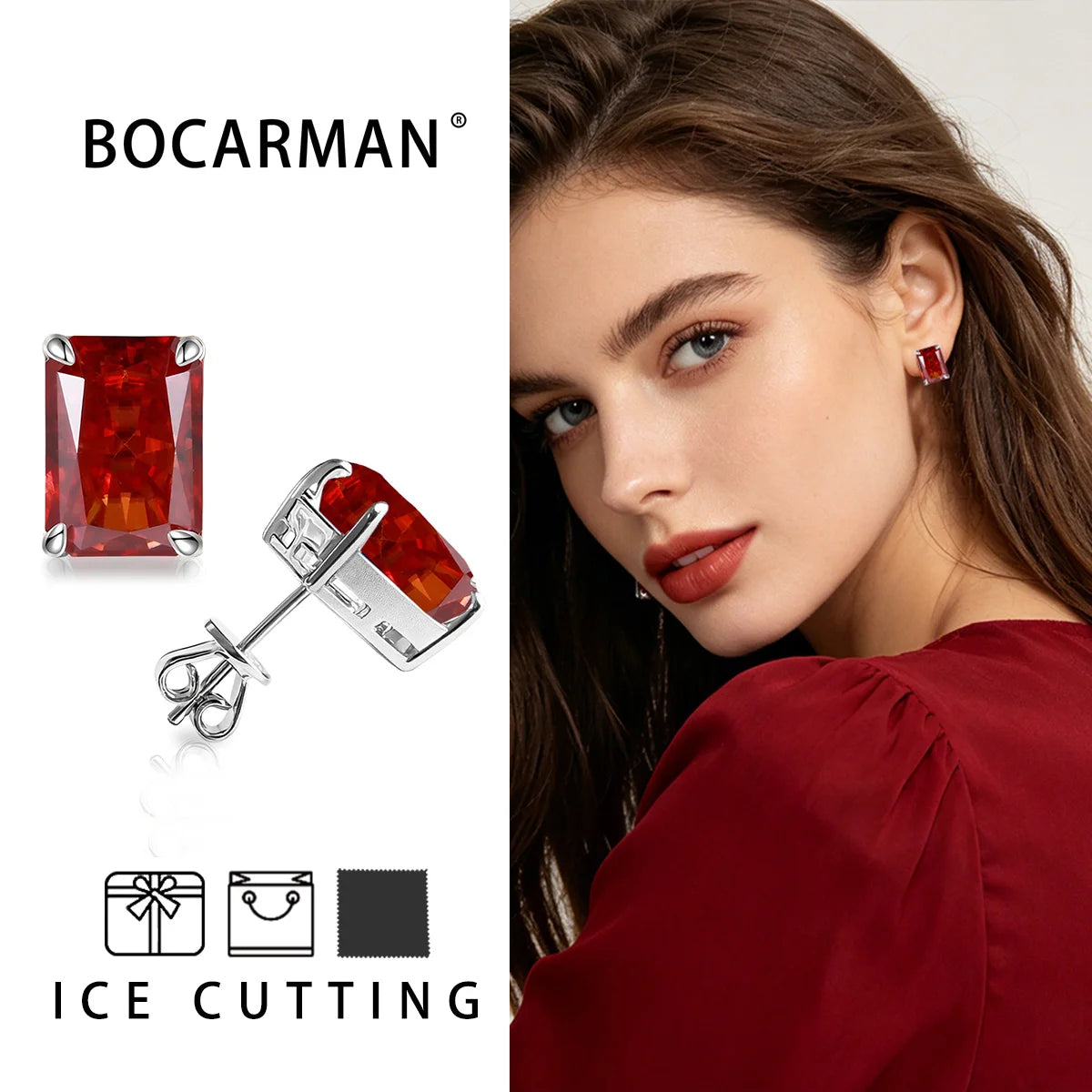 Bocarman Rectangular Ice Cut Mint Green Zircon Stud Earrings S925 Sterling Silver Rhodium Plated Fine Jewelry 8x10mm