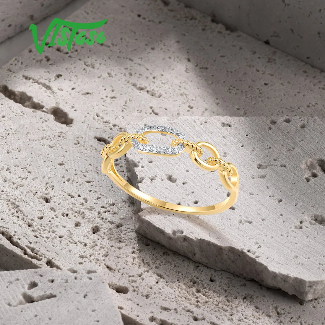 VISTOSO Pure 14K/9K Yellow Gold Ring For Women Sparkling Diamond Chain Link Stackable Concise Wedding Gift Chic Fine Jewelry