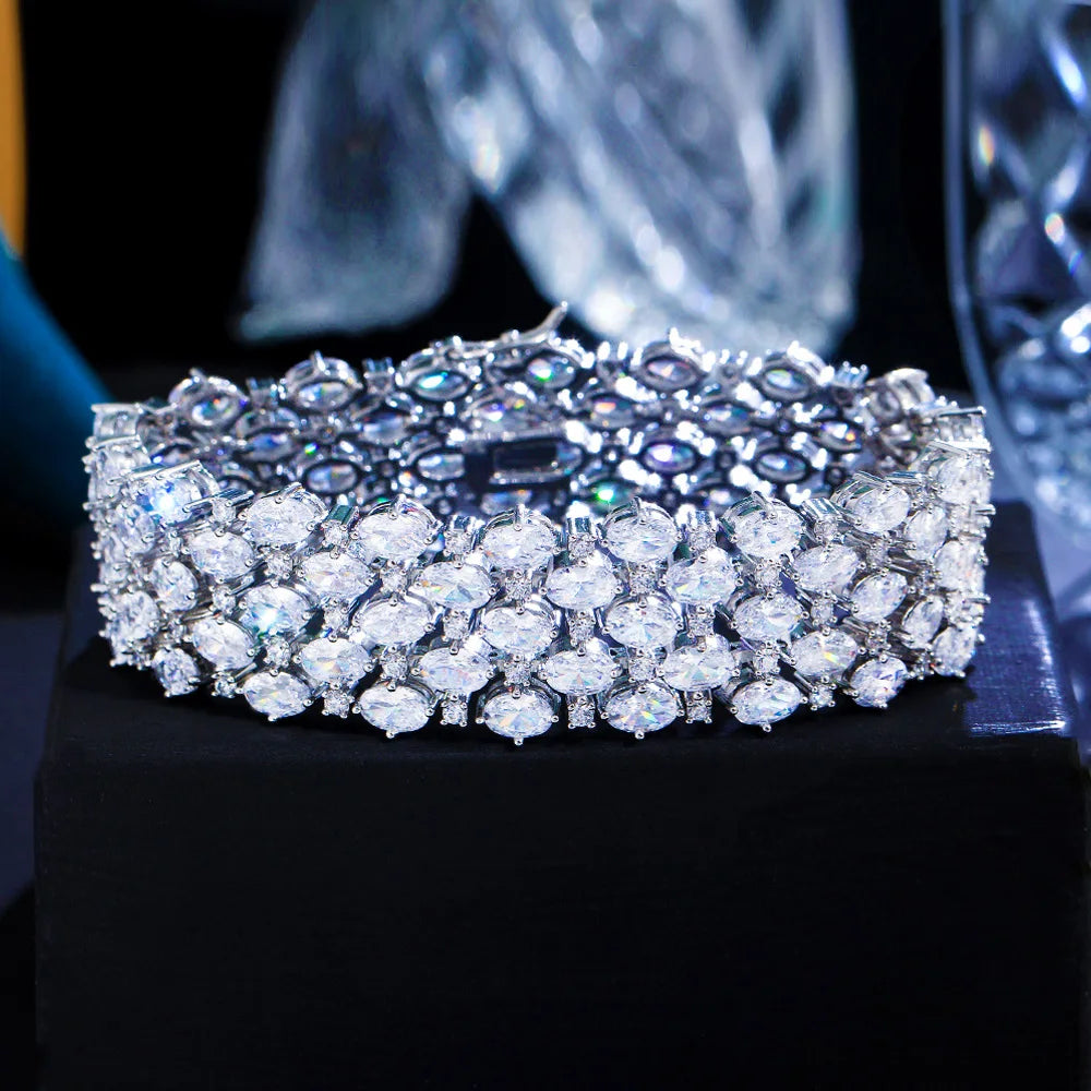 Pera High Quality Shiny Oval CZ Paved Large Wide Bridal Wedding Banquet Bracelets Bangles for Women Party Jewelry Gift B245