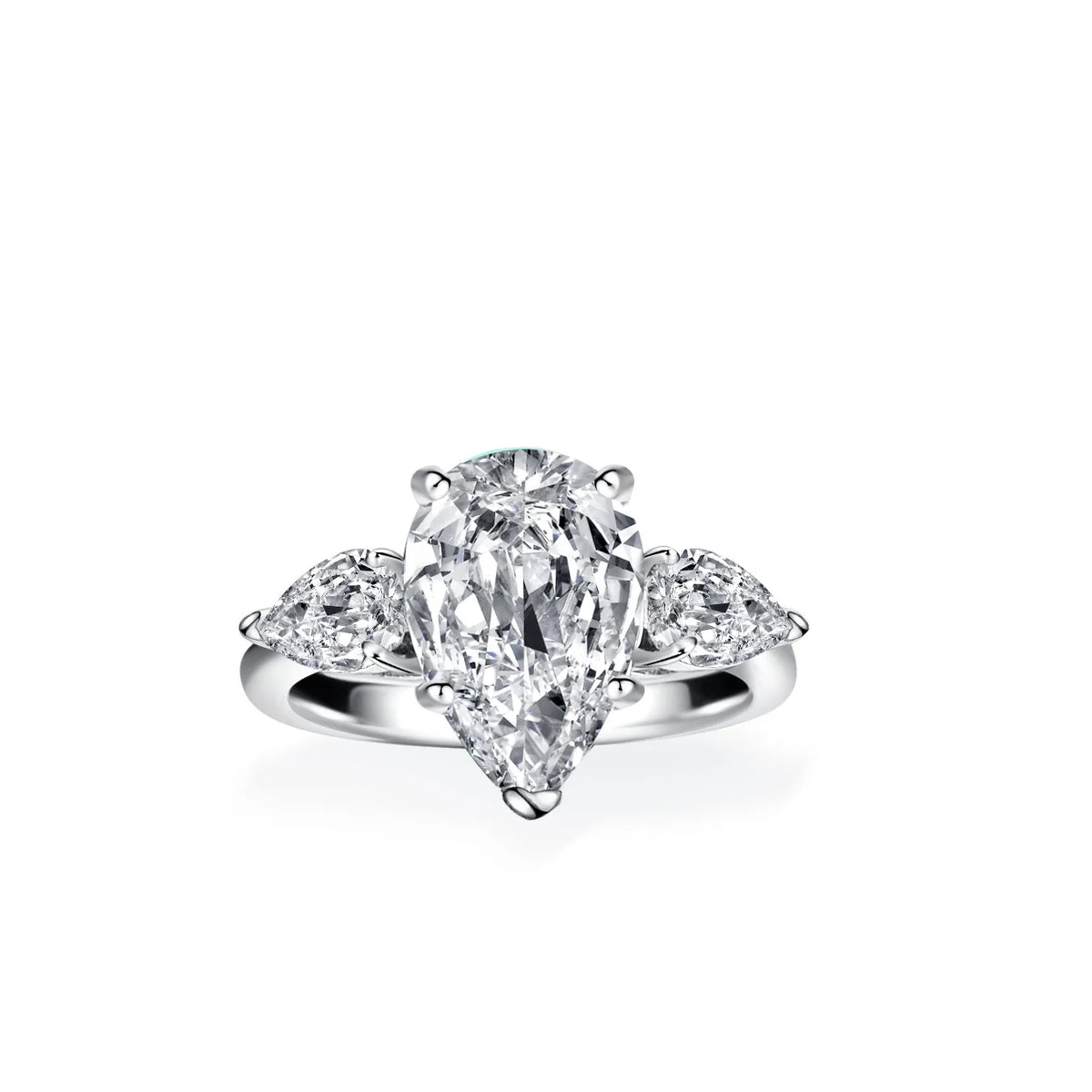 S925 Rhodium Plated Silver 4CT D Color Moissanite Three Stone Teardrop Engagement Ring for Women, Exquisite Jewelry