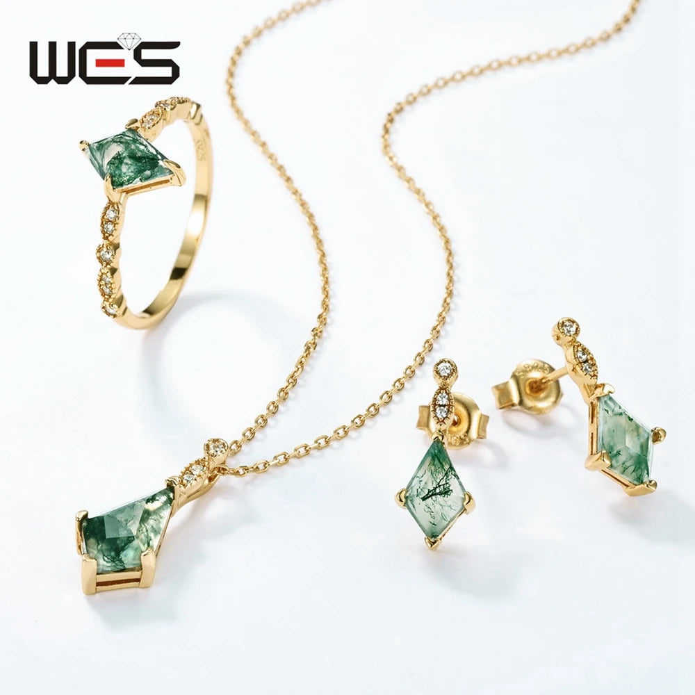 WES 100% 925 Sterling Silver Natural Crystal Moss Agate Jewelry Set for Woman Gold Plated Wedding Lady Gift Fine Jewelry