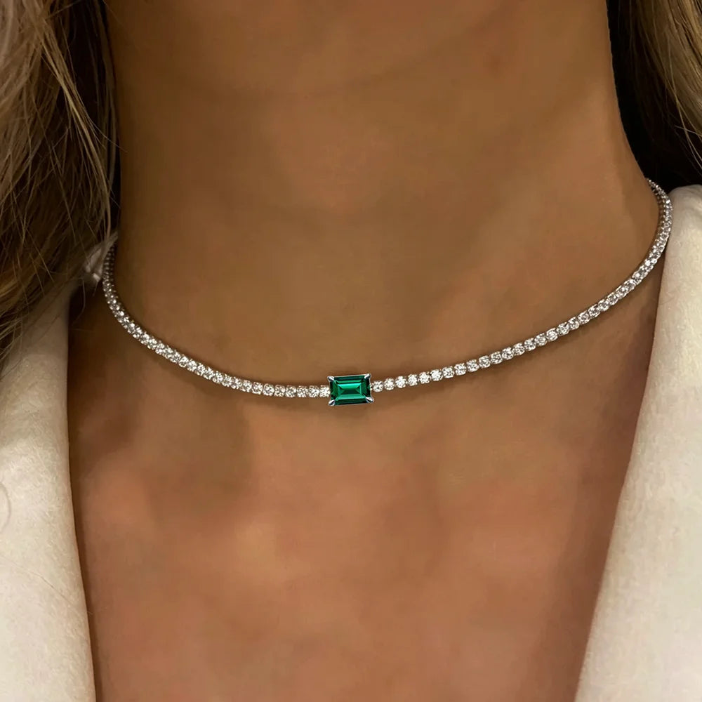 Full Moissanite Tennis Necklace With Emerald Cut Diamond Riviera Necklace S925 Silver Adjustable Layering Choker Fine Jewelry