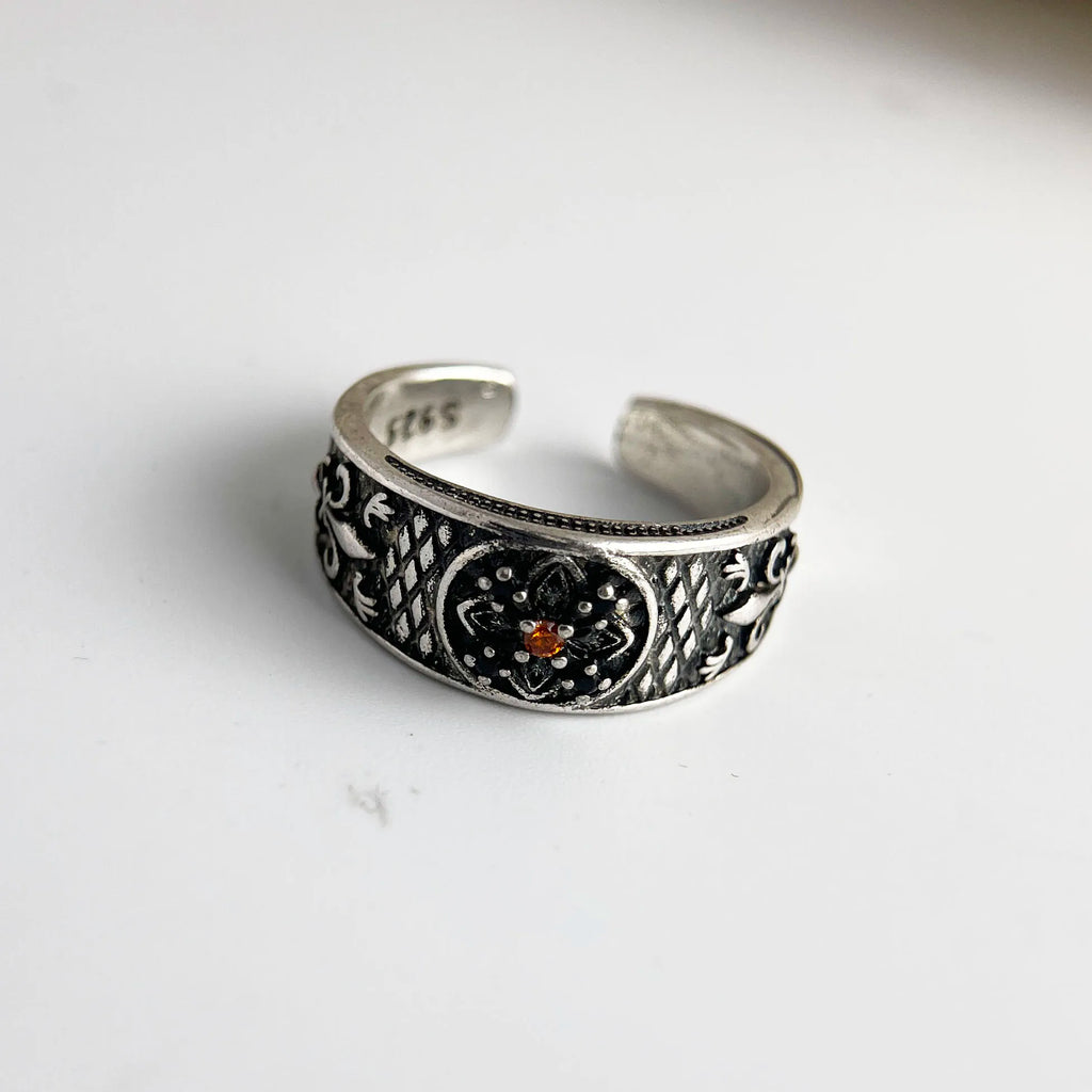 925 Sterling Silver Rings For Women Vintage Handmade Adjustable Red Zircon Ring Fashion Female Bijoux Gift