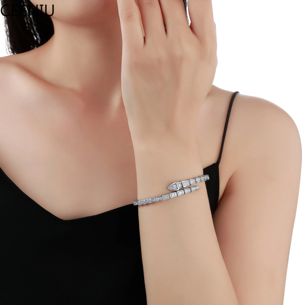 3.4CTW Moissanite Snake Stretch Bangle S925 Sterling Silver Flexible Serpent Bracelet For Women Wedding Party