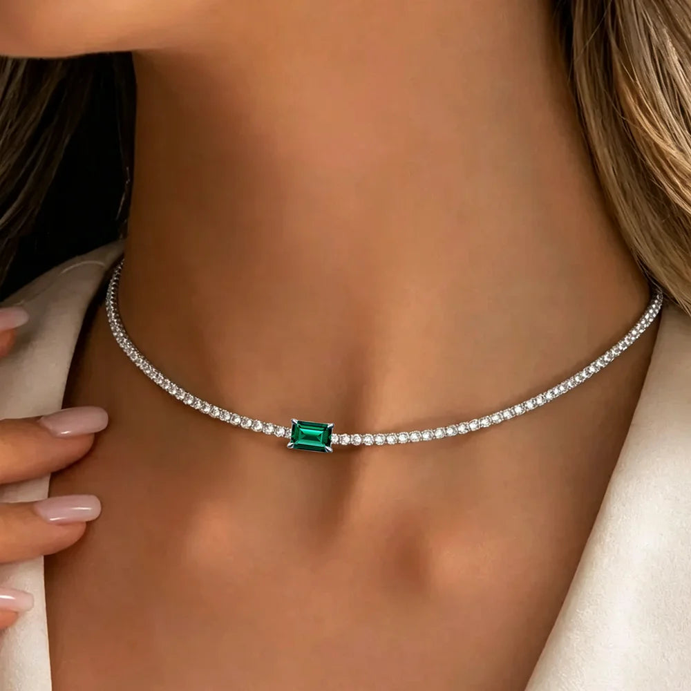Full Moissanite Tennis Necklace With Emerald Cut Diamond Riviera Necklace S925 Silver Adjustable Layering Choker Fine Jewelry