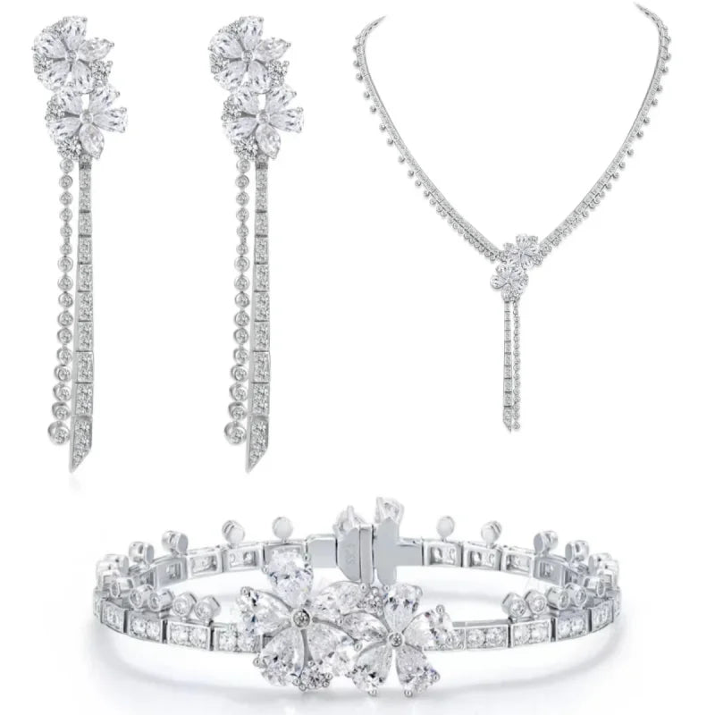 BELLUX Fashion White Cherry Blossom Long Necklace Earrings Bracelet Tassel Flower Jewelry Set S925 Silver Synthetic Zircon