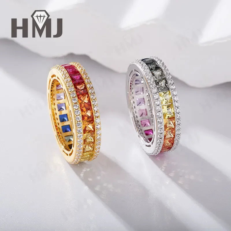 925 Sterling Silver Ring Lab Sapphire Princess Cut Rainbow Gemstones for Women Luxury Elegant Anniversary Birthday Gift Charms