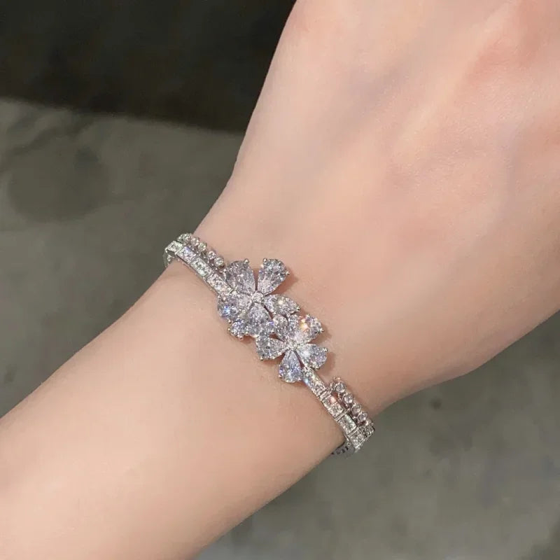 BELLUX Fashion White Cherry Blossom Long Necklace Earrings Bracelet Tassel Flower Jewelry Set S925 Silver Synthetic Zircon