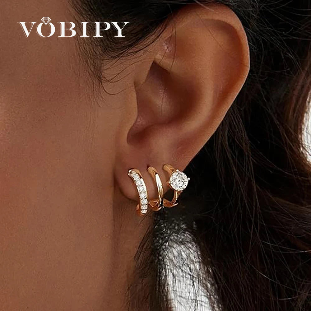 VOBIPY Triple Huggie Illusion Hoop Earrings 18K Gold Plated Stainless One Hole Claw Ear Cuff Earring For Women Jewelry Gift