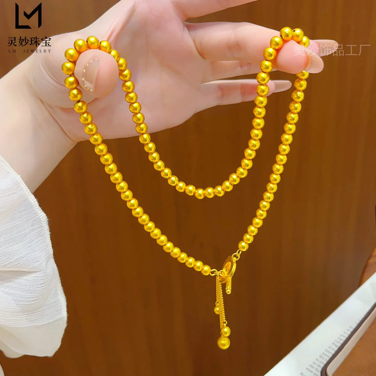 9999 24K gold antique fashion round bead gold necklace women's gold jewelry