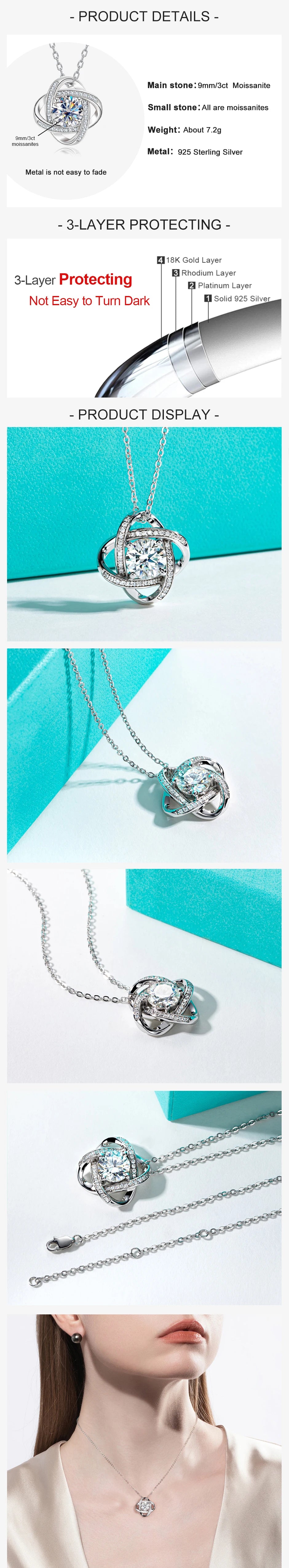 AnuJewel 3ct D Color Moissanite Diamond Love Knot Pendant Necklace 925 Sterling Silver Valentine's Day Gifts Jewelry Wholesale