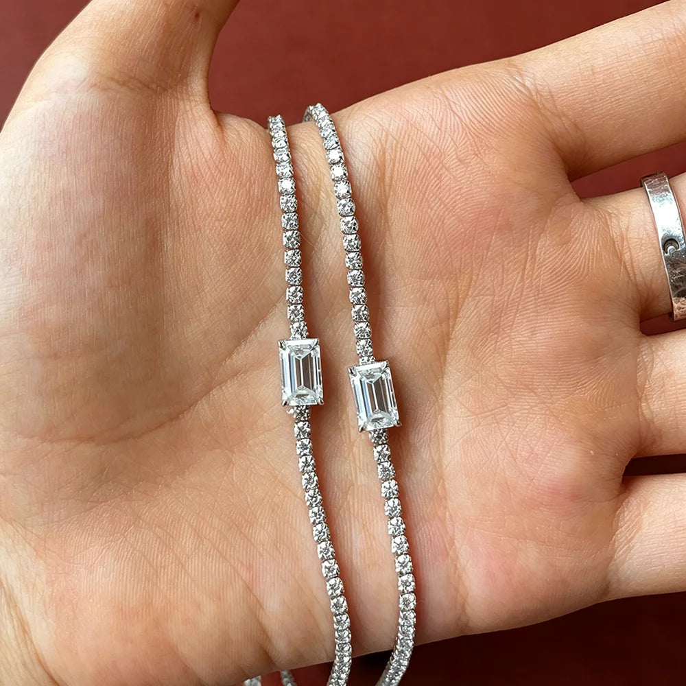 Full Moissanite Tennis Necklace With Emerald Cut Diamond Riviera Necklace S925 Silver Adjustable Layering Choker Fine Jewelry