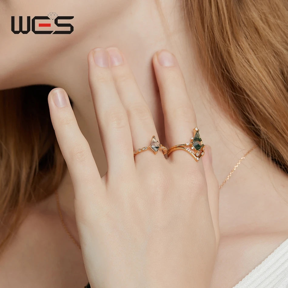 WES 100% 925 Sterling Silver Natural Crystal Moss Agate Jewelry Set for Woman Gold Plated Wedding Lady Gift Fine Jewelry