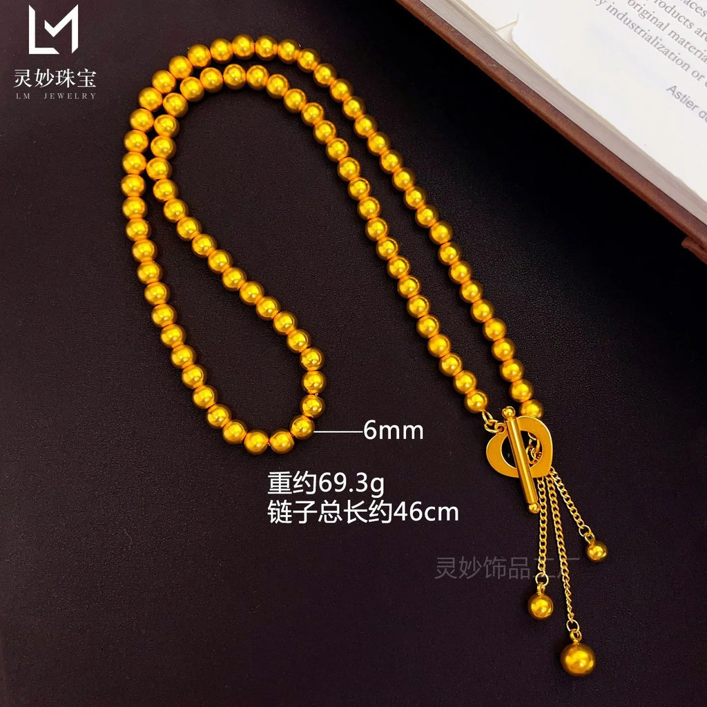 9999 24K gold antique fashion round bead gold necklace women's gold jewelry