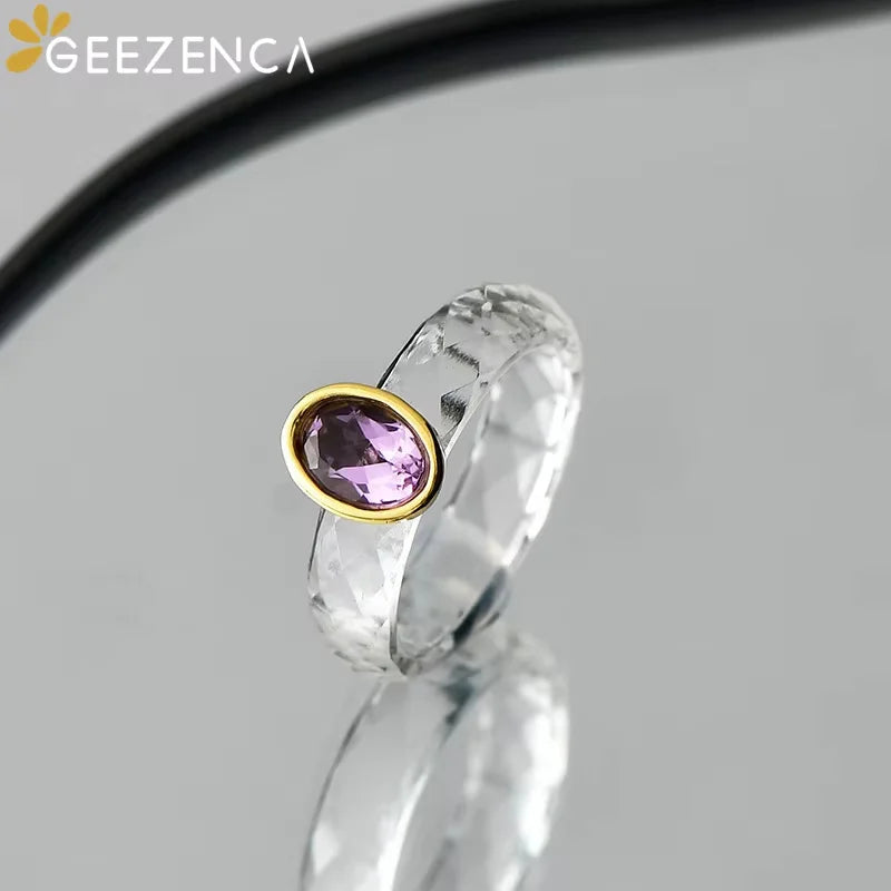 GEEZENCA Natural White Crystal Circle Amethyst 925 Sterling Silver Size 7 Rings For Women Purple Stone Minimalism Ring Gift