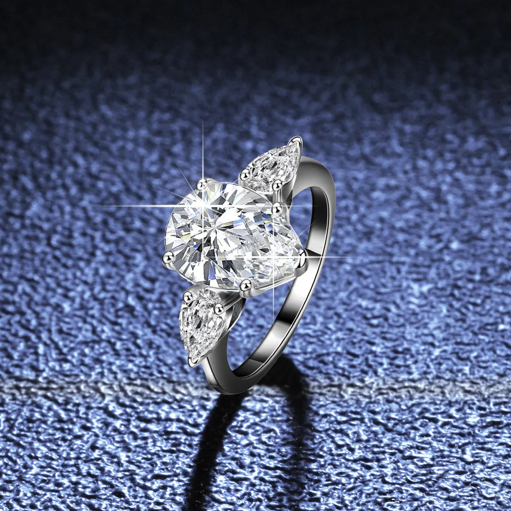 S925 Rhodium Plated Silver 4CT D Color Moissanite Three Stone Teardrop Engagement Ring for Women, Exquisite Jewelry