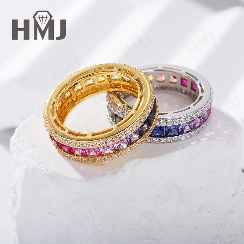 925 Sterling Silver Ring Lab Sapphire Princess Cut Rainbow Gemstones for Women Luxury Elegant Anniversary Birthday Gift Charms
