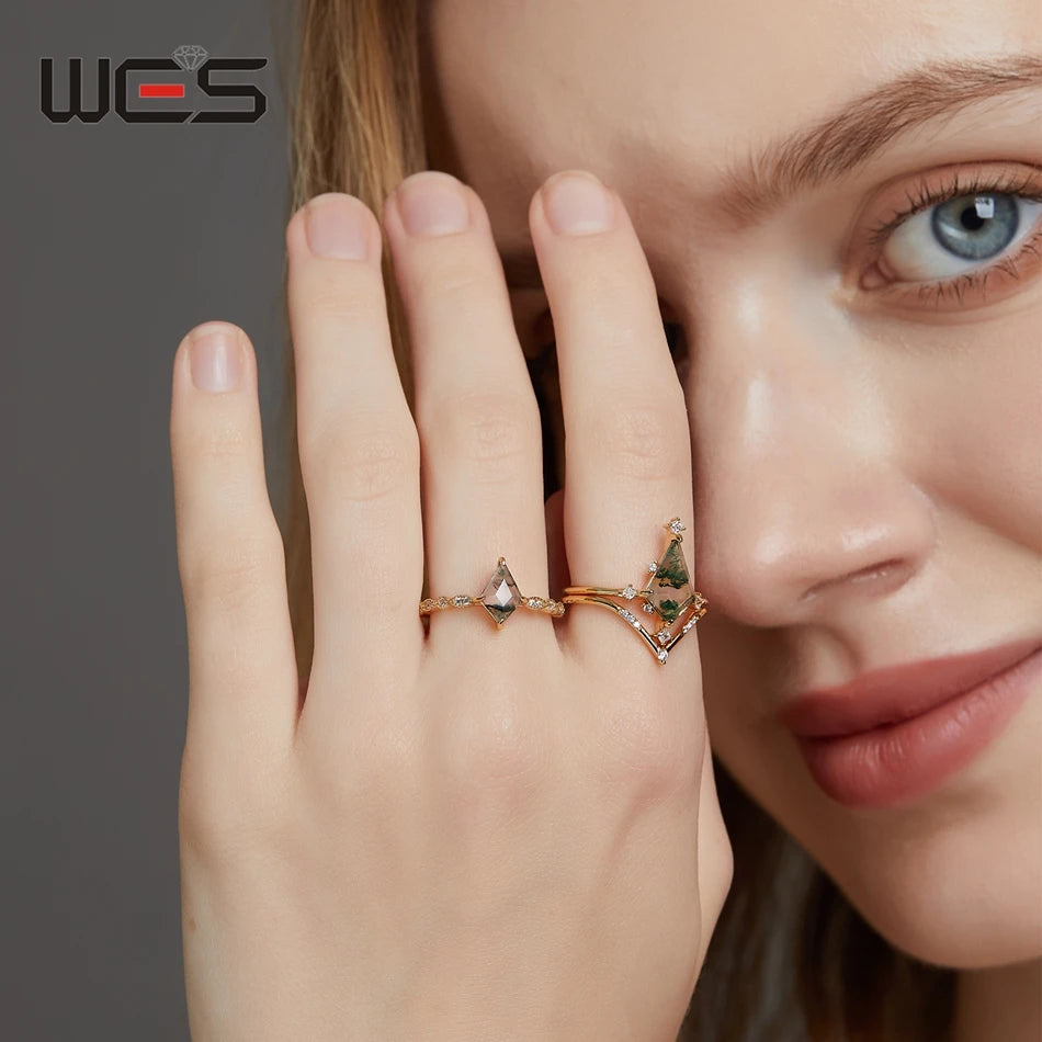 WES 100% 925 Sterling Silver Natural Crystal Moss Agate Jewelry Set for Woman Gold Plated Wedding Lady Gift Fine Jewelry