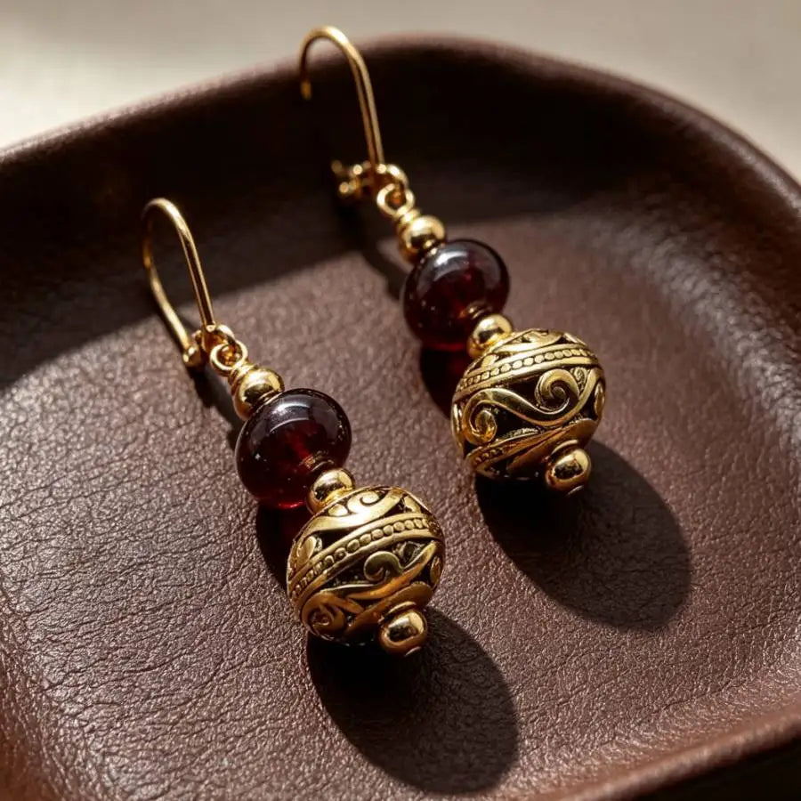 A Pair Garnet Ellipse Beads Gemstone Earrings 18K Eardrop Handmade Luxury Aurora Women Earlobe Accessories Mesmerizing Jewelry