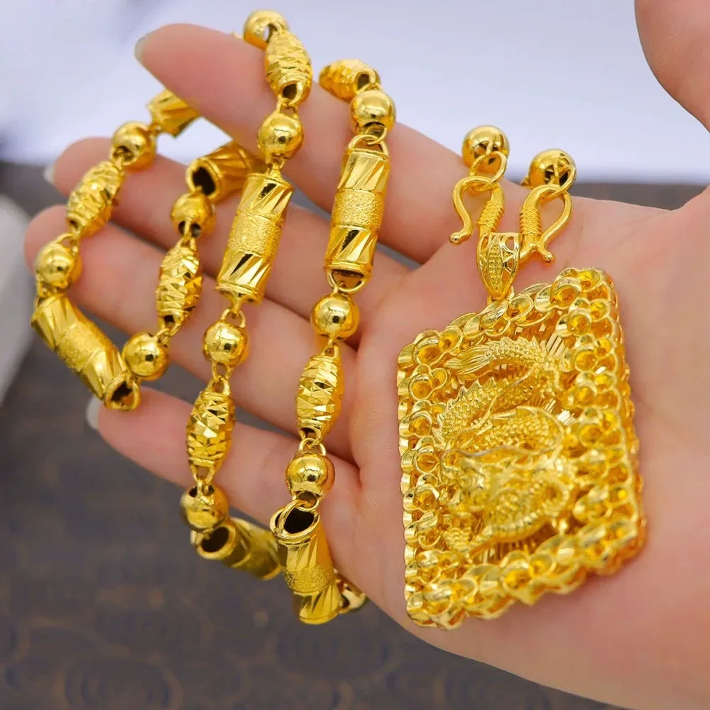 9999 Real Gold Round Bead Necklace Pendant Male Domineering Eagle Pendant Square Brand Clothed Drag  birthday gift