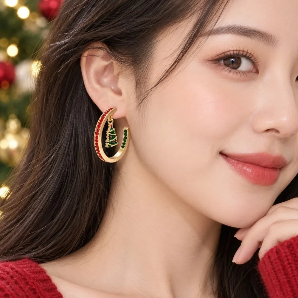 Luxury Style Christmas C Earrings Gorgeous Appearance Durable Alloy Xmas Tree Studs Exquisite Shiny Crystals Winter Hoop Jewelry