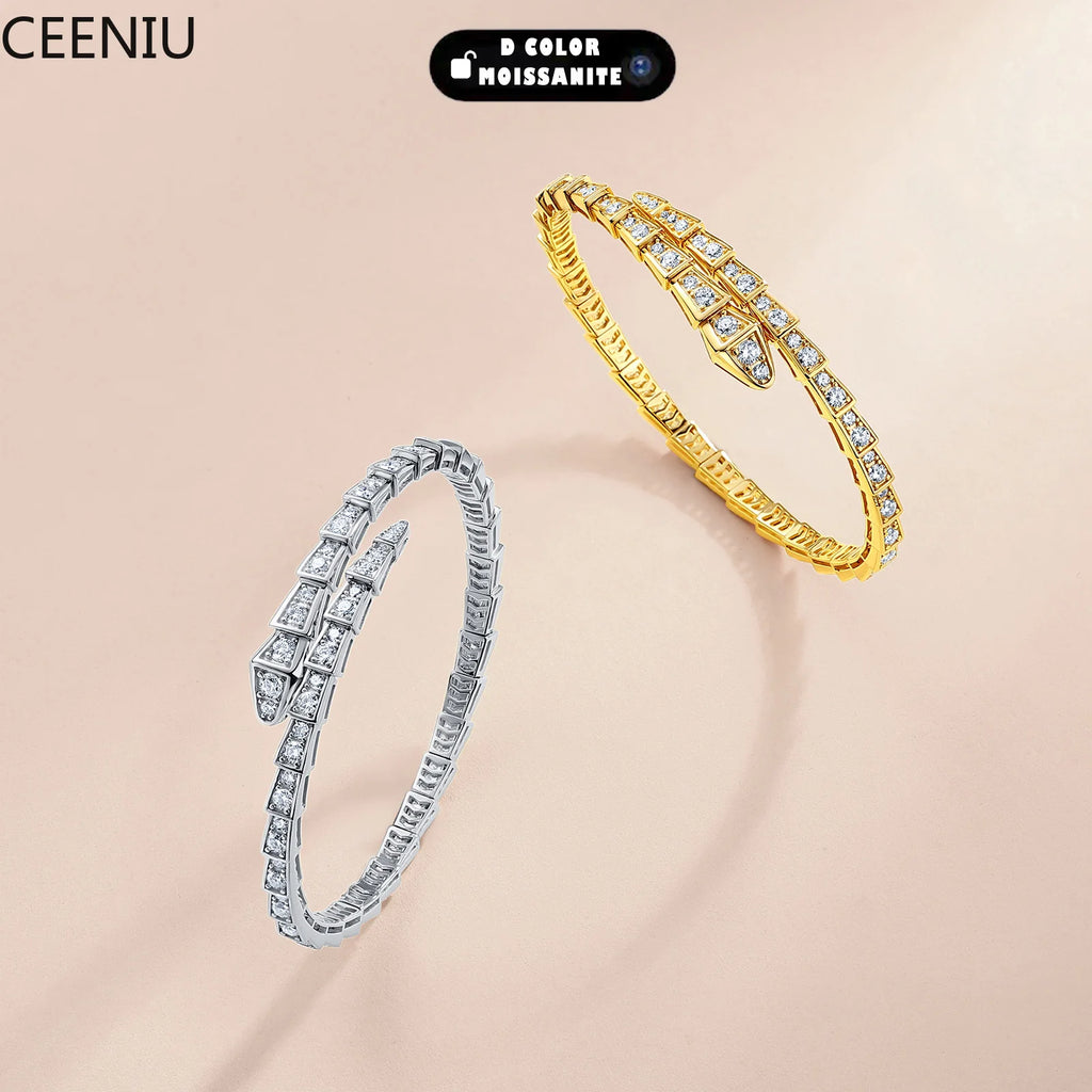 3.4CTW Moissanite Snake Stretch Bangle S925 Sterling Silver Flexible Serpent Bracelet For Women Wedding Party