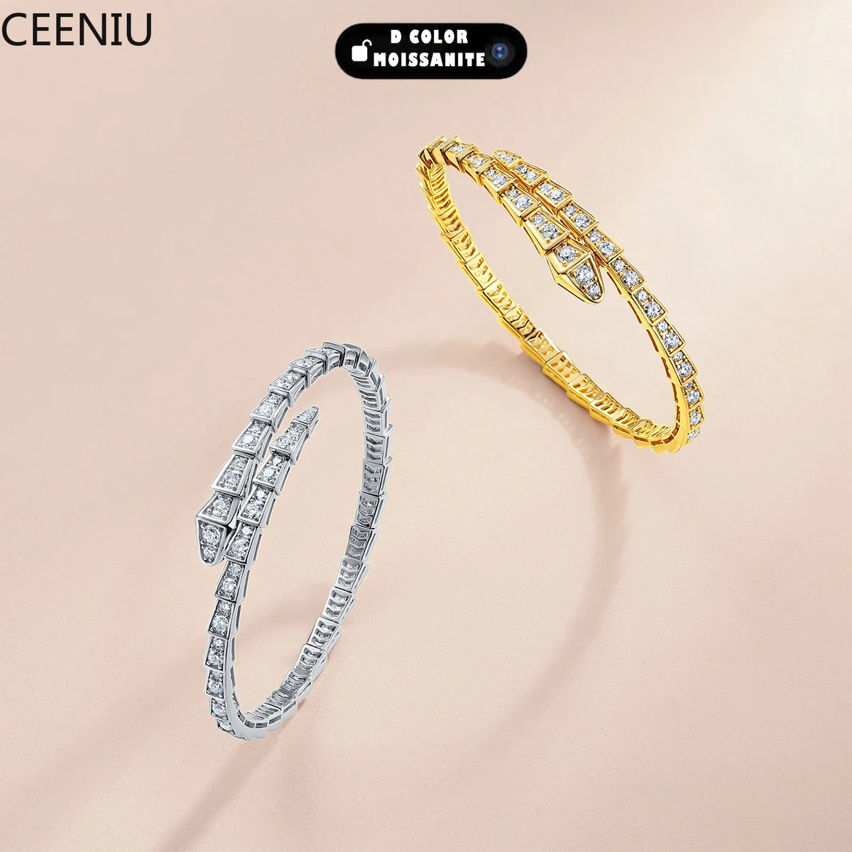 3.4CTW Moissanite Snake Stretch Bangle S925 Sterling Silver Flexible Serpent Bracelet For Women Wedding Party
