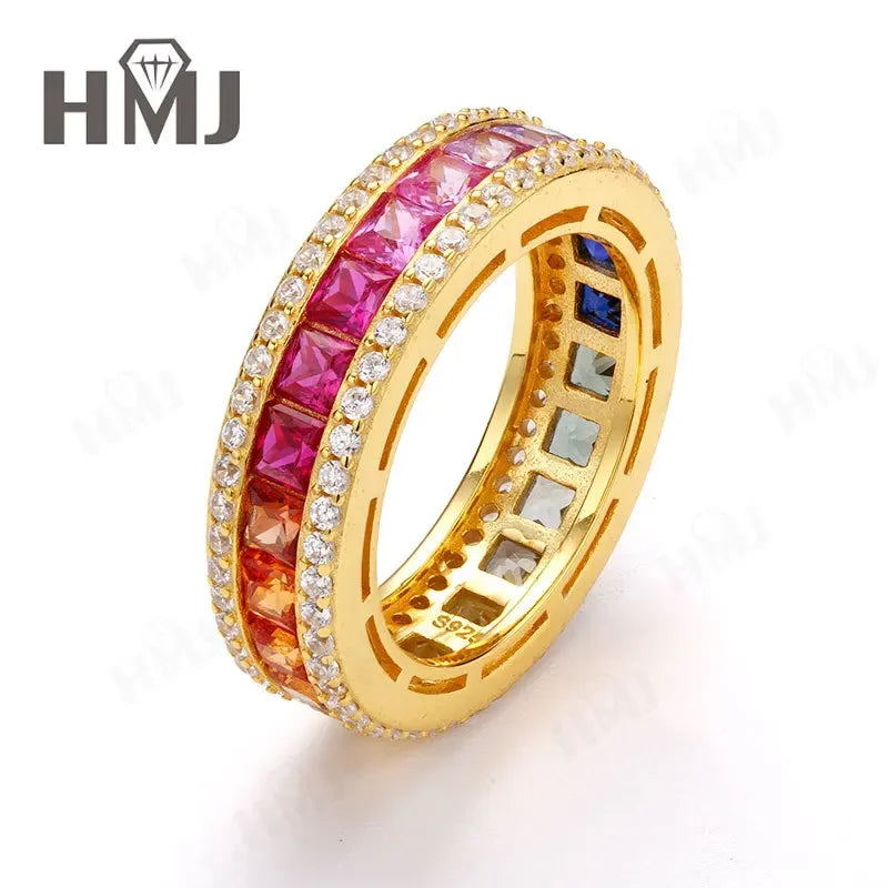 925 Sterling Silver Ring Lab Sapphire Princess Cut Rainbow Gemstones for Women Luxury Elegant Anniversary Birthday Gift Charms