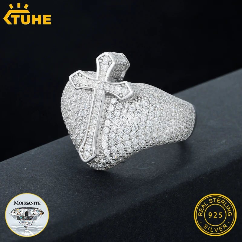TUHE Unisex Hip Hop Cross Rings For Men 925 Moissanite Jewelry Luxury Fashion 925 Rings For Men Hip Hop Jewelry Party Gift