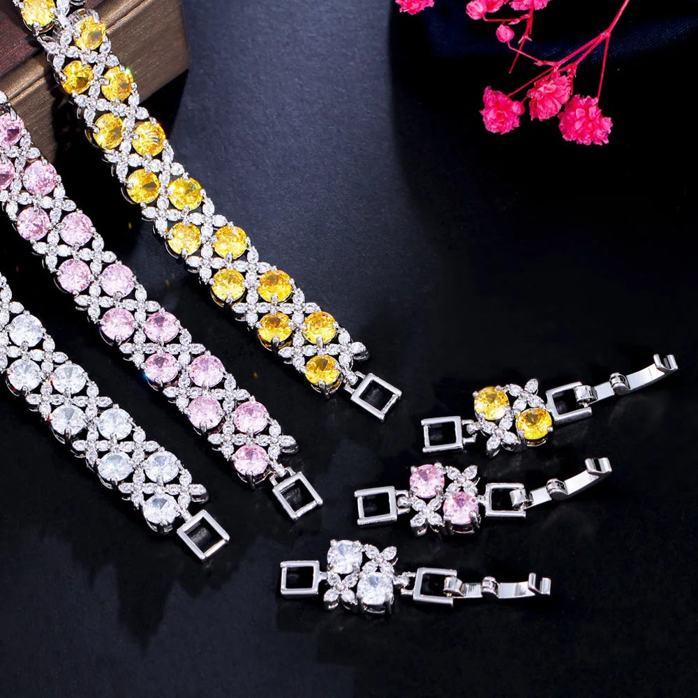 Pera Elegant Leaf and Oval Chain Link Silver Color Red Green Cubic Zirconia Bracelets for Women Fashion Jewelry Accessories B084