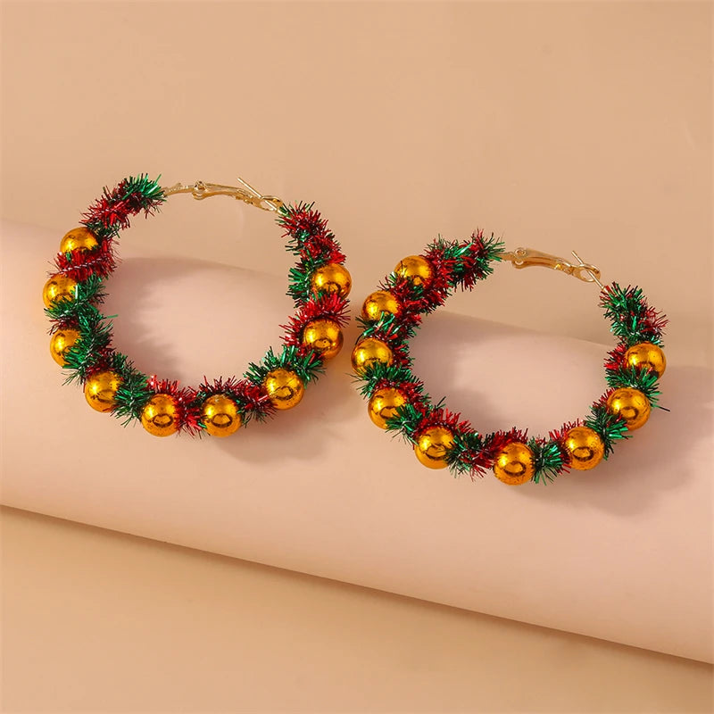 Fashion Handmade Merry Christmas Wreath Circle Hoop Earrings for Women Girls New Year Festival Jewelry Gifts
