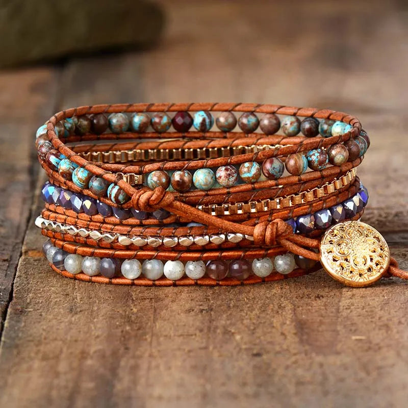 Premium Women Wrap Bracelet Labradorite Natural Stones 5 Times Leather Strap Bracelets Multilayers Beadwork Bracelet Dropship