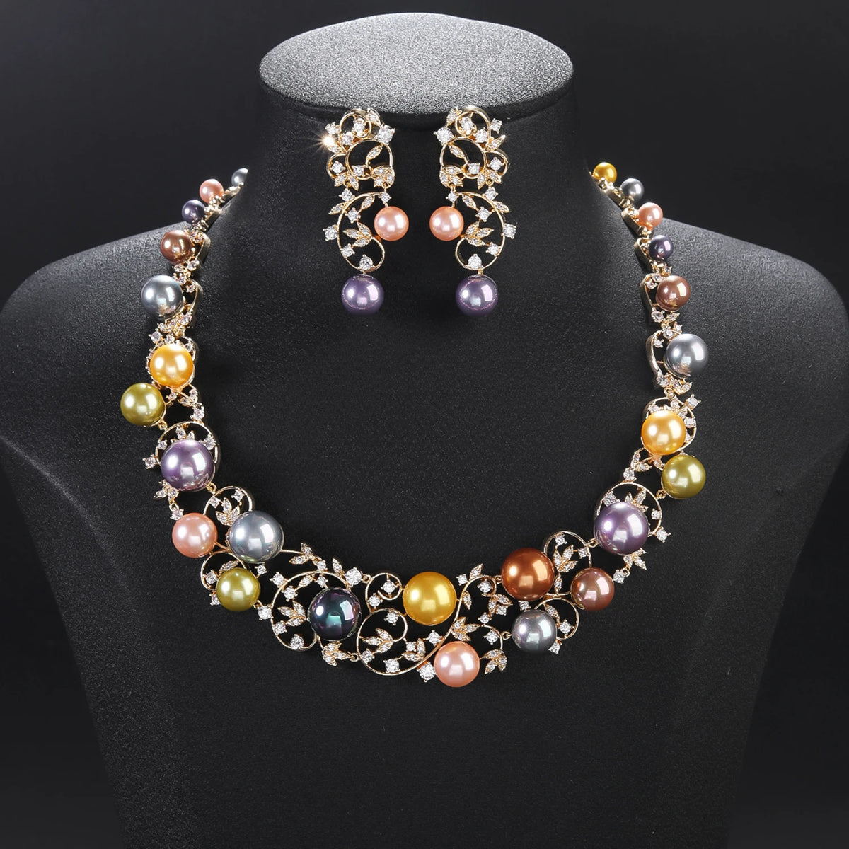 Luxury Cubic Zirconia Colors Pearl  Flower Necklace Earrings Jewelry Sets  Bridal Wedding Accessories CN11354