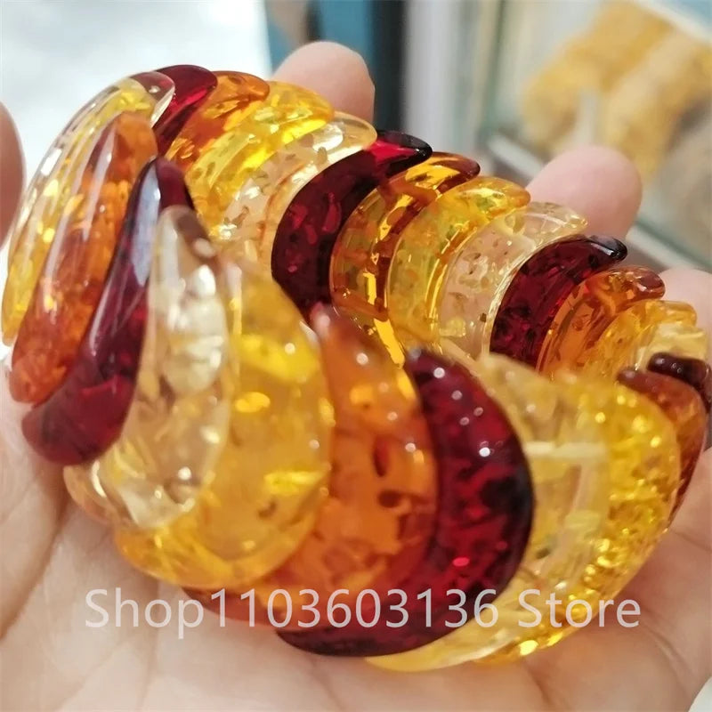 Natural Colorful Amber Bracelet Women Healing Gemstone Fine Jewelry Genuine Baltic Flower Ambers Square Beads Bracelets Bangles