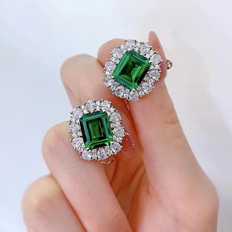 Luomansi 9*11MM Emerald High Carbon Diamond Ear Clip Women S925 Silver Jewelry Wedding Party Commemorative Gift