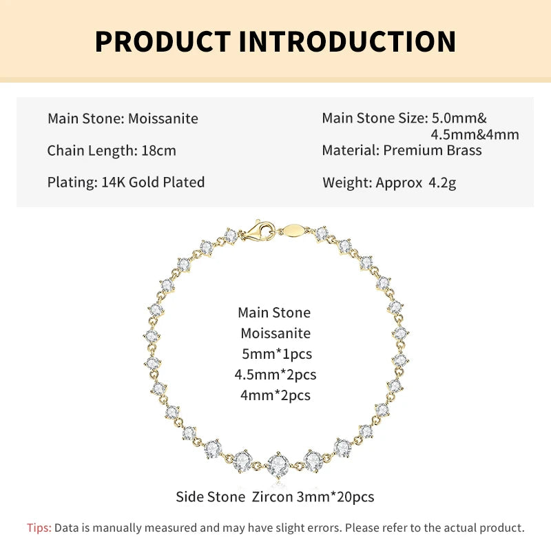 Rrjzz 5mm&4.5mm&4mm D-Color Moissanite Climber Bracelet for Women CZ Lab Imitation Diamond 18CM Charm Bracelets Jewelry Gifts