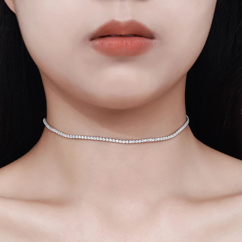 2mm Moissanite Tennis Necklace For Women S925 Silver Plated 18K Gold Sparking Rhinestone Choker Chain Wedding Jewelry Adjustable