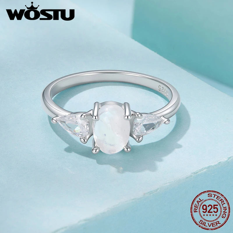 WOSTU 925 Sterling Silver Natural Oval Moonstone Ring For Women, Rainbow Three Stone Rings Engagement Anniversary Jewelry Gift