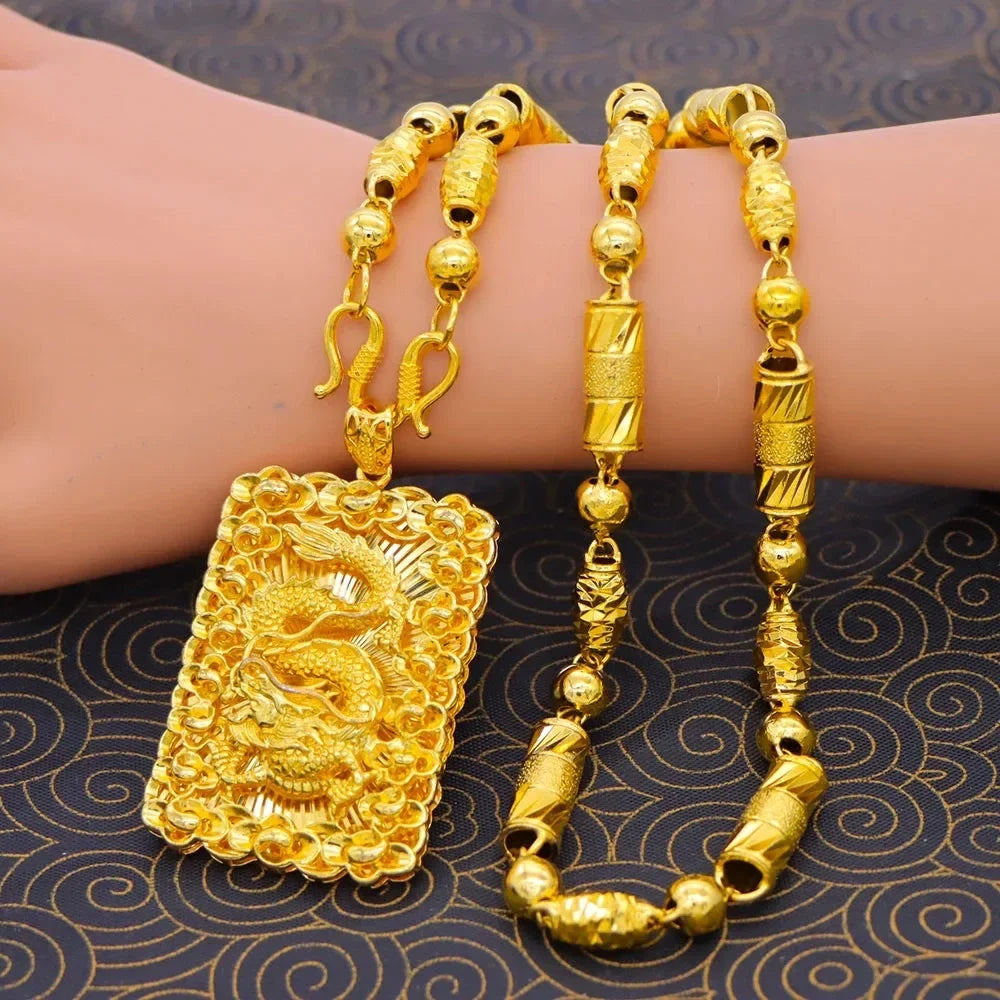 9999 Real Gold Round Bead Necklace Pendant Male Domineering Eagle Pendant Square Brand Clothed Drag  birthday gift