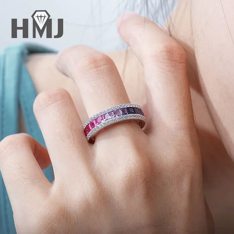 925 Sterling Silver Ring Lab Sapphire Princess Cut Rainbow Gemstones for Women Luxury Elegant Anniversary Birthday Gift Charms