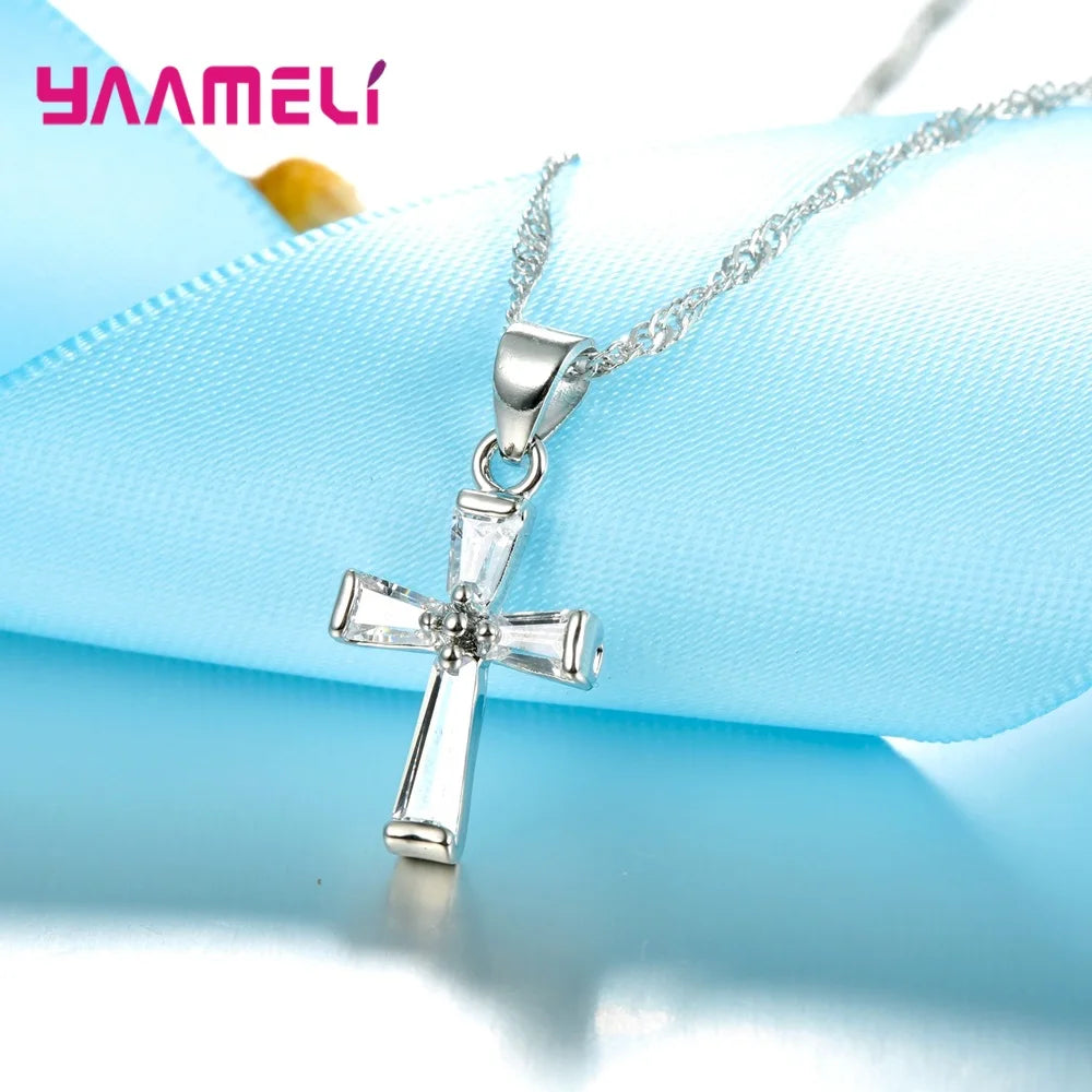 Christmas New Arrival Crystal Pendant Crucifix Real 925 Sterling Silver Necklace Drop Earrings Sets For Unisex Jewelry Xmas Eve
