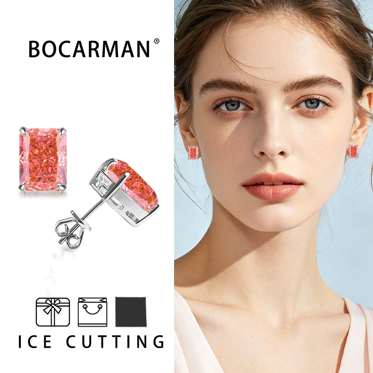 Bocarman Rectangular Ice Cut Mint Green Zircon Stud Earrings S925 Sterling Silver Rhodium Plated Fine Jewelry 8x10mm